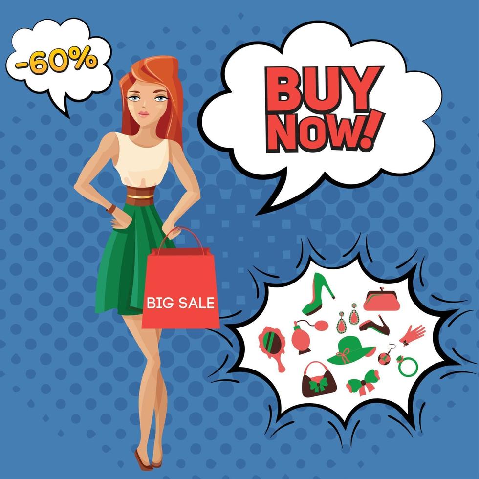 Female Accessories Sale Comic Bubbles Vector Illustration