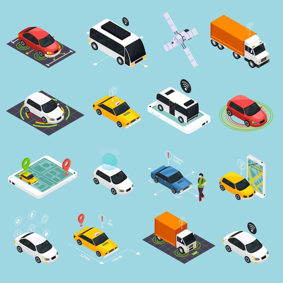 Autonomous Vehicle Isometric Icons Set Vector Illustration