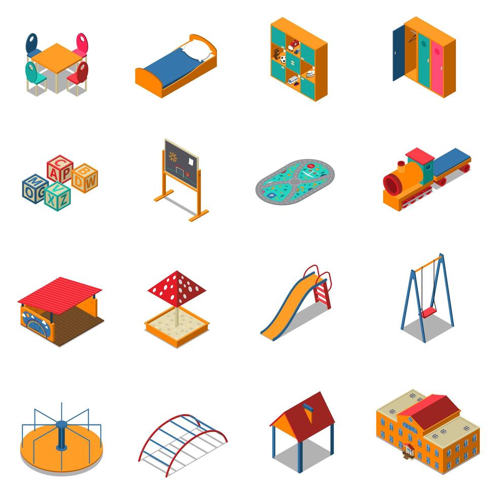 Kindergarten Play Ground Isometric Icons Vector Illustration