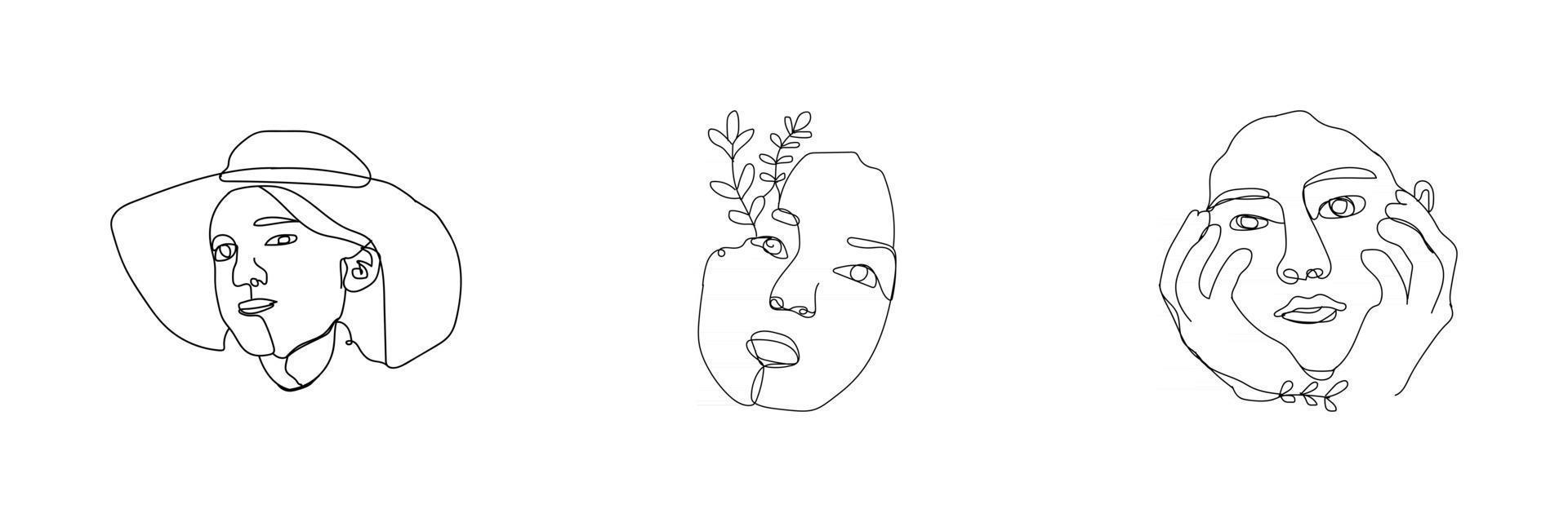 Womens faces in one line art style with flowers and leaves Continuous line art in elegant style for prints tattoos posters textile cards etc Beautiful women face Vector illustration