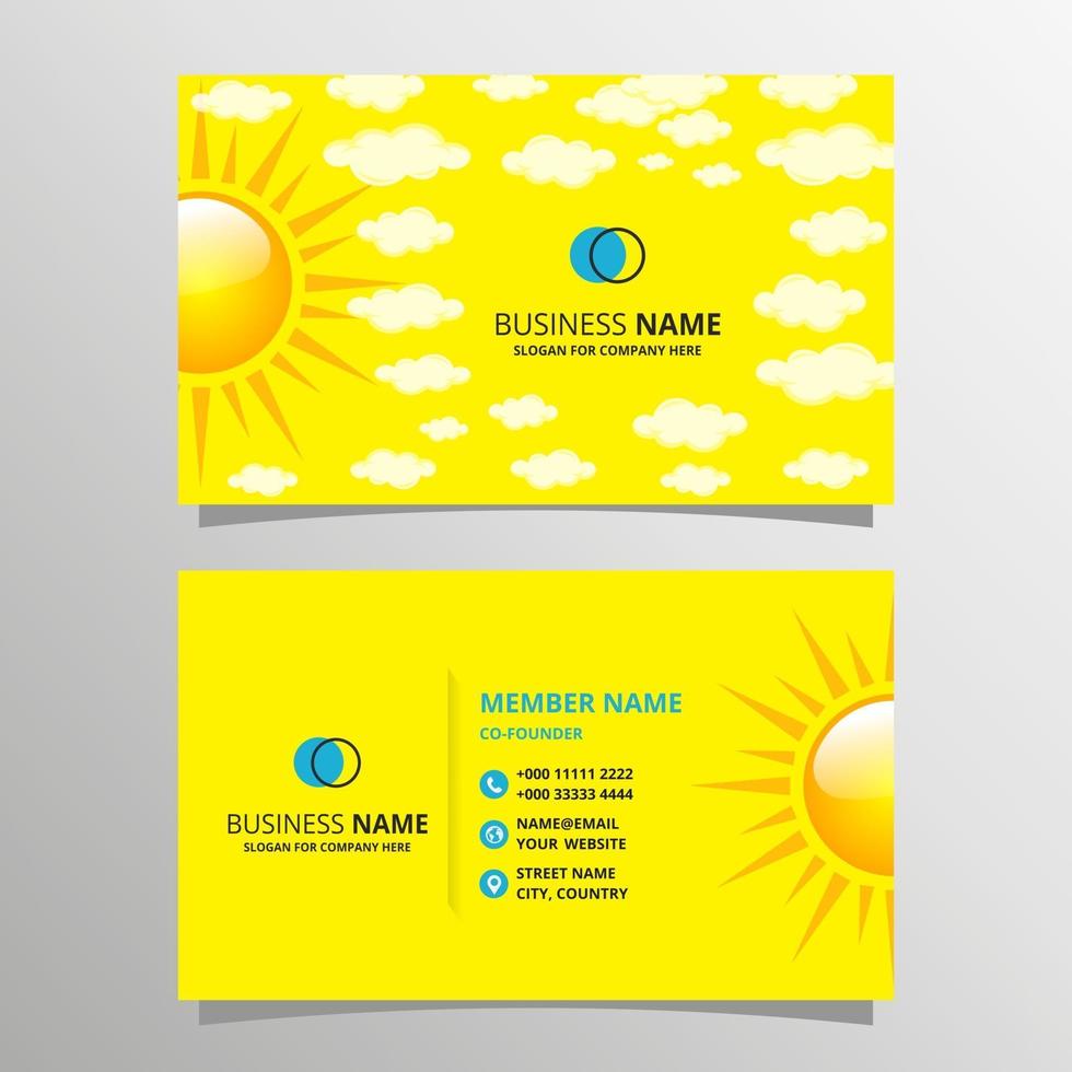 Plantilla de tarjeta de visita amarilla plana con sol y nubes vector