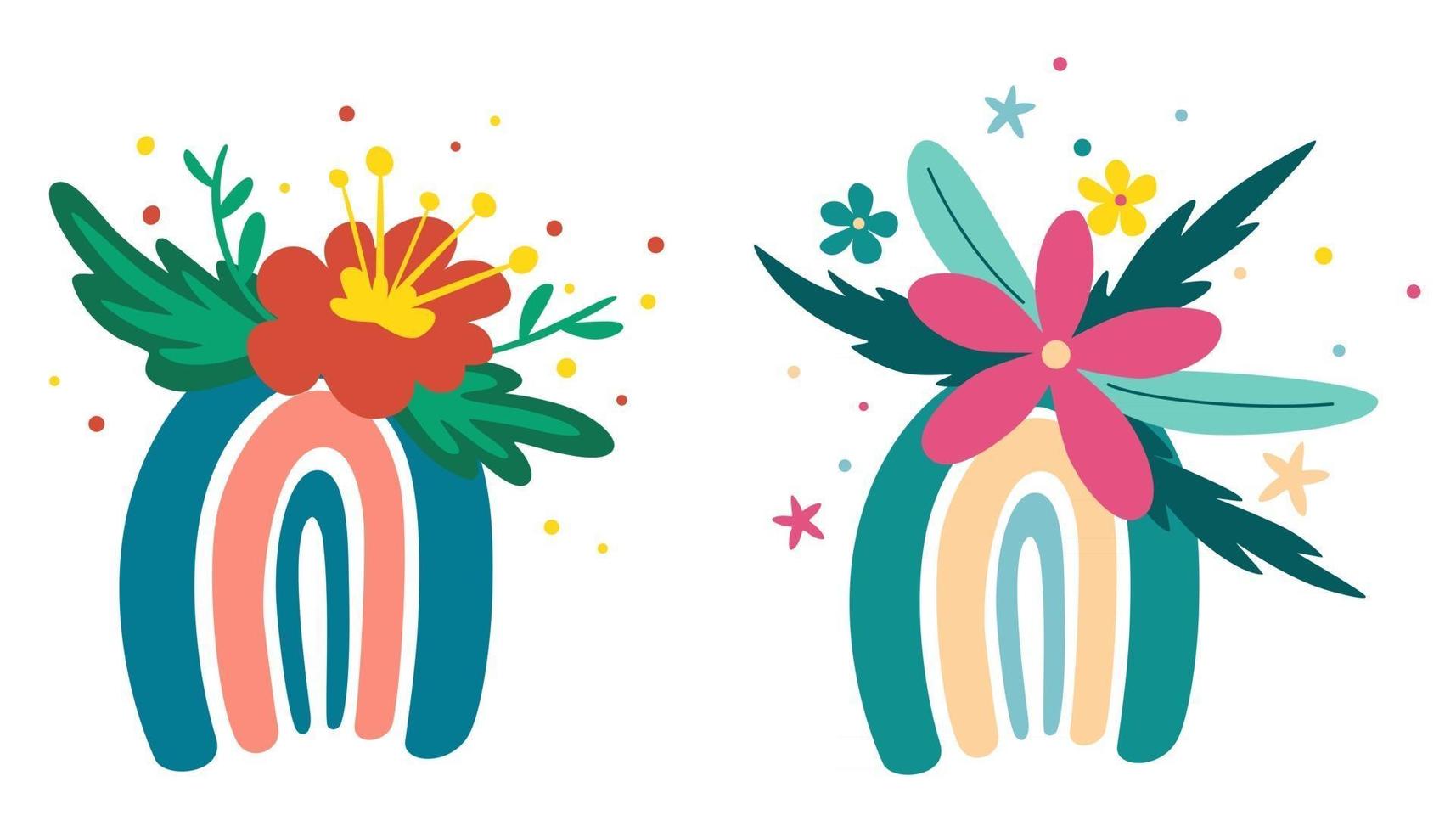 arco iris con flores conjunto flores de primavera ramas florecientes pájaros y mariposas bueno para cartel tarjeta invitación volante pancarta cartel folleto ilustración vectorial en estilo de dibujos animados vector