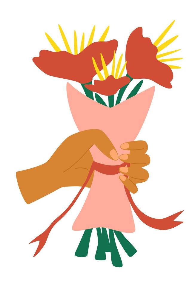 Hand Holding Bunch of Flowers Wrapped in Craft Paper Cartoon flat human hand holding bunch of colorful blossoms giving gift flowering bouquet floral congratulation on celebration event Vector