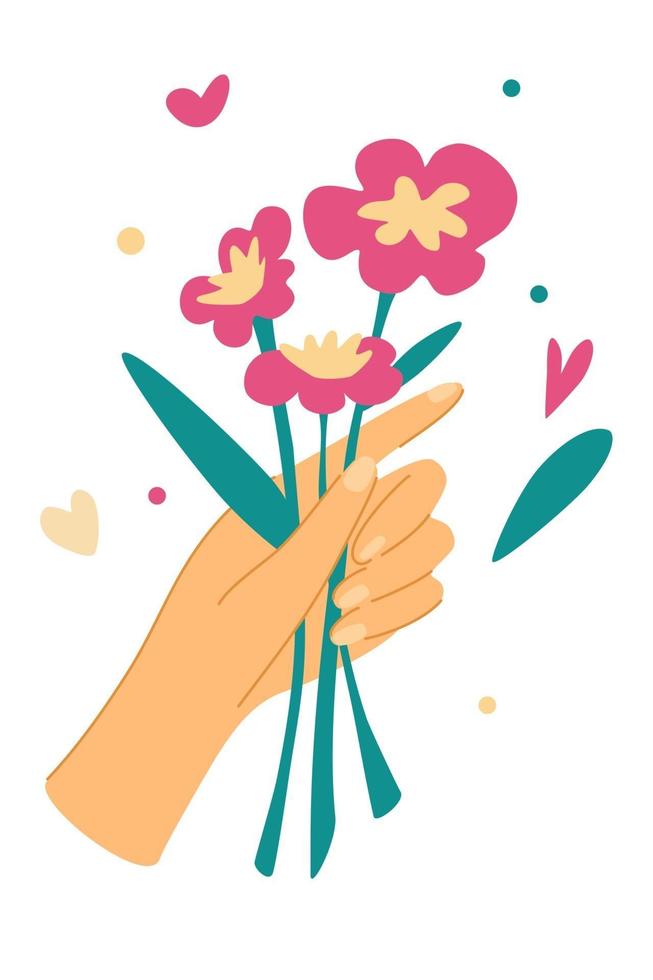 Elegant female hands holding flowers Cut flowers  Decorative bouquet floristic composition with leaves and flourishing Romantic gift for valentines or mothers day Vector illustration