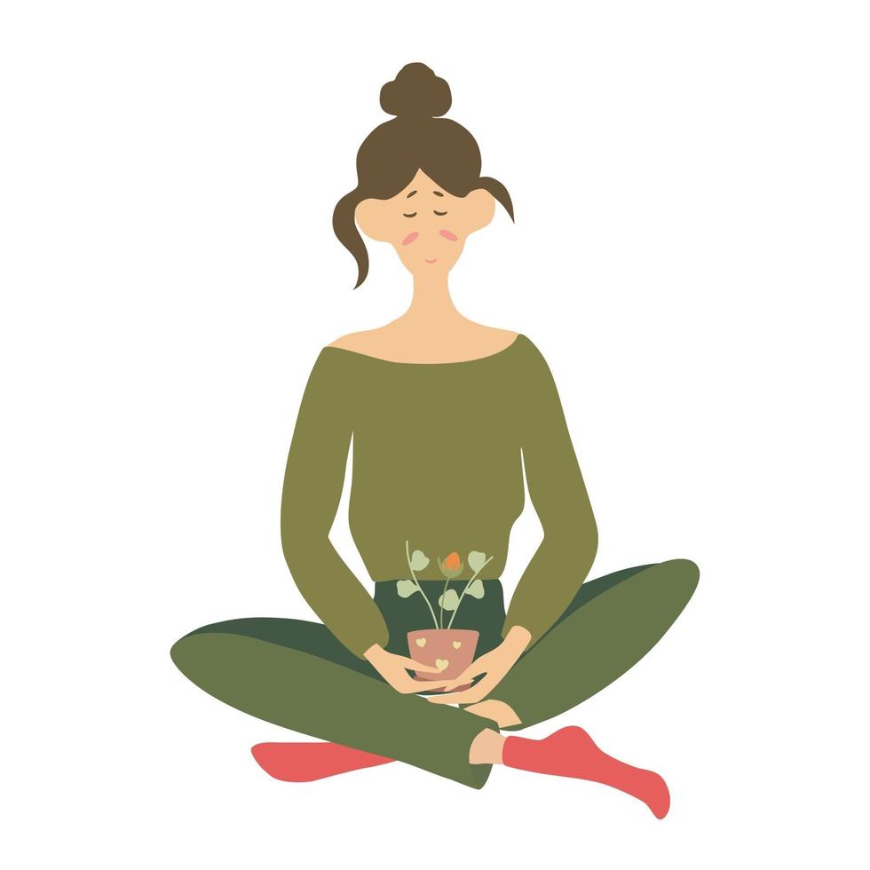 Meditating woman sitting in lotus pose with a flower in her hands Vector illustration the concept of meditation the health benefits for the body mind and emotions Isolated white background