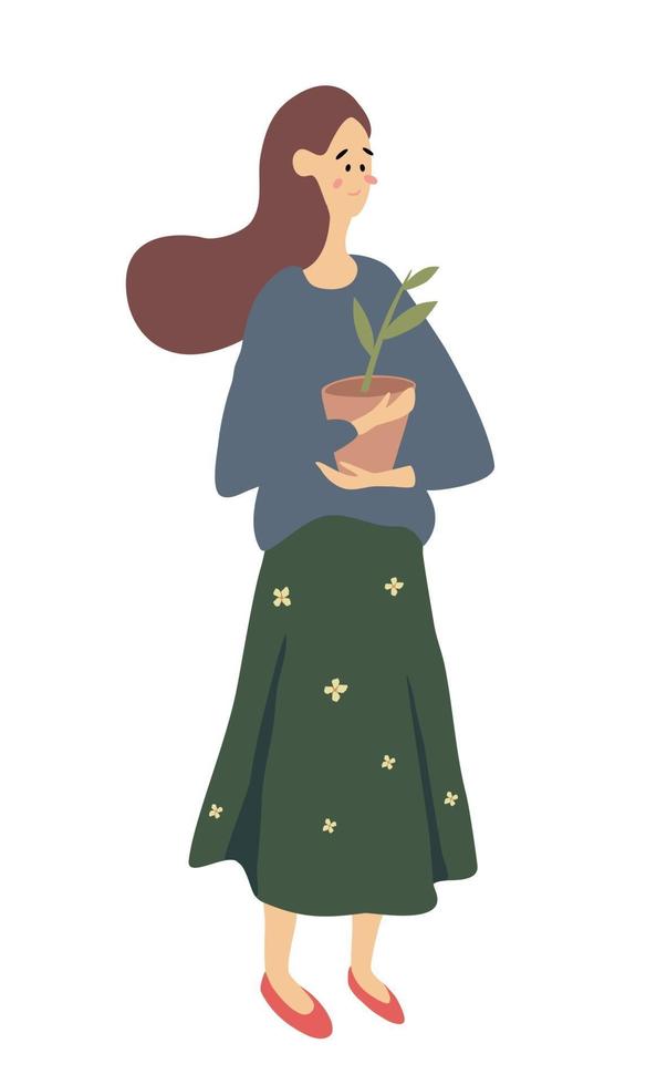 Mujer sosteniendo maceta en maceta plantas de interior concepto ecológico ilustración vectorial aislado fondo blanco. vector