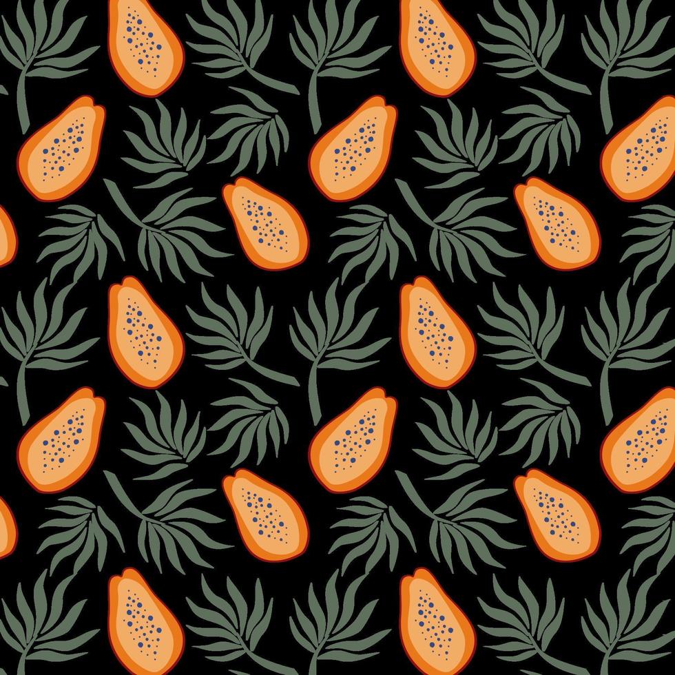 Hand drawn seamless pattern with papayas and palm leaves Bring vector illustration Vector repeat background for colorful summer fabric