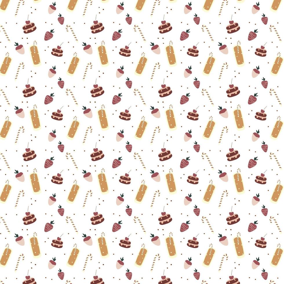 Seamless pattern with chocolate covered strawberries a delicious drink a cocktail straw and a cake Hand drawn style Vector repeat background for fabric