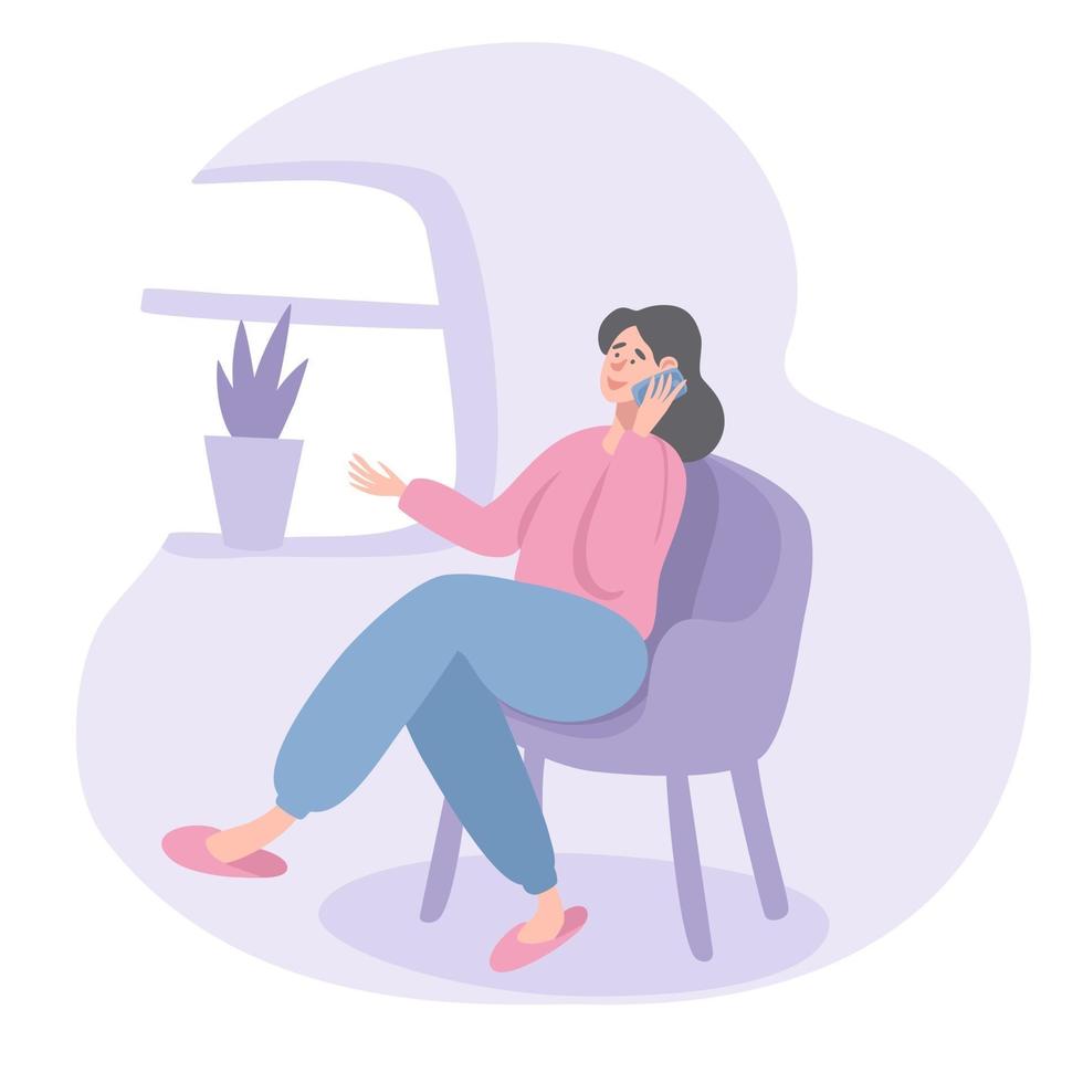A woman is sitting on a chair at home talking on the phone and looking out the window Spending Weekend at Home and Relaxing Vector illustration in flat style