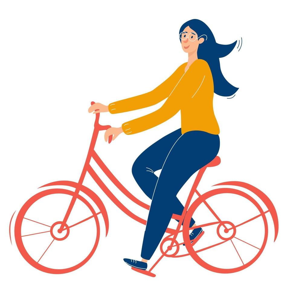 Young beautiful girl with glasses rides a red bicycle Girl healthy leisure rides bike side profile view Flat vector illustration on white background