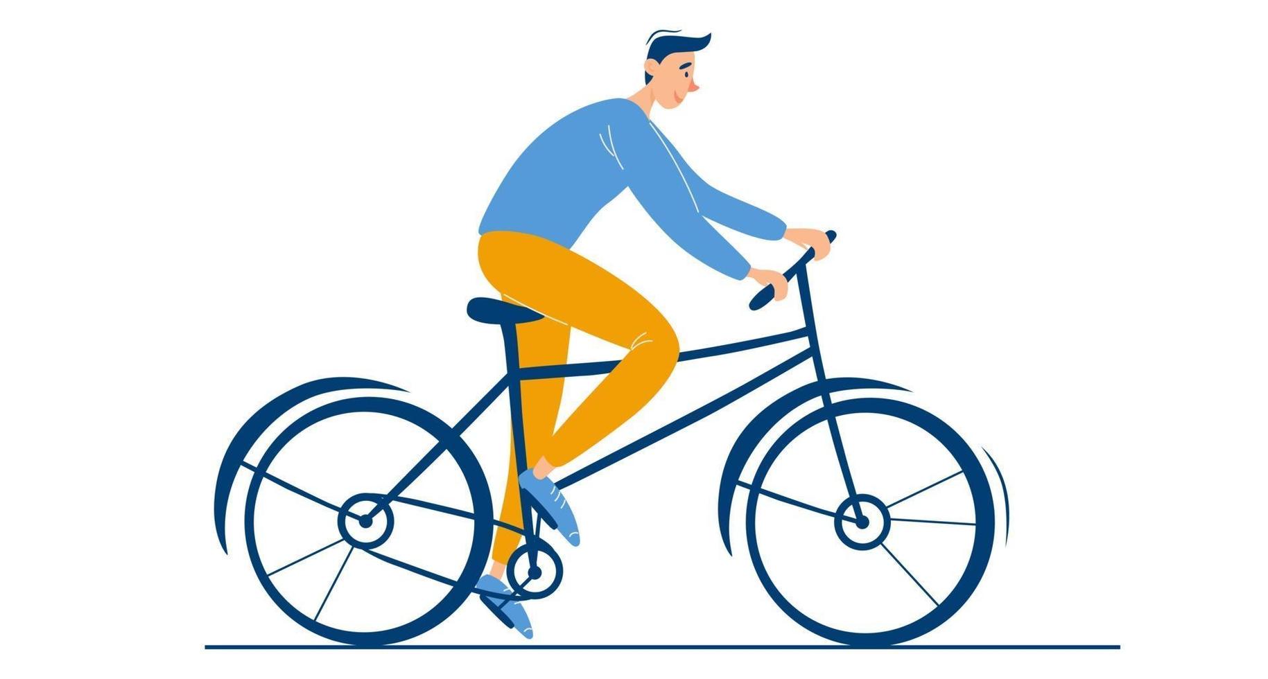 Young happy guy rides a bike Male character alone Summer or spring biking activity outdoor Stylish guy on bicycle flat vector illustration on white background