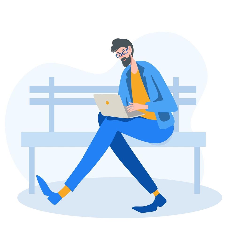 A young guy is sitting on the street on a bench with a laptop The working process Technology freelance and business Vector illustration in flat style