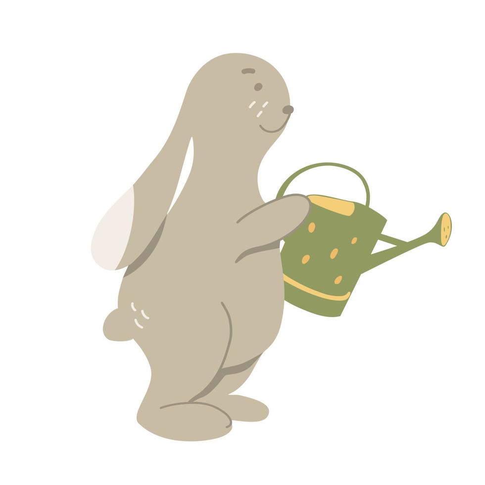 Vector rabbit illustration cute bunny with a watering can Isolated white background