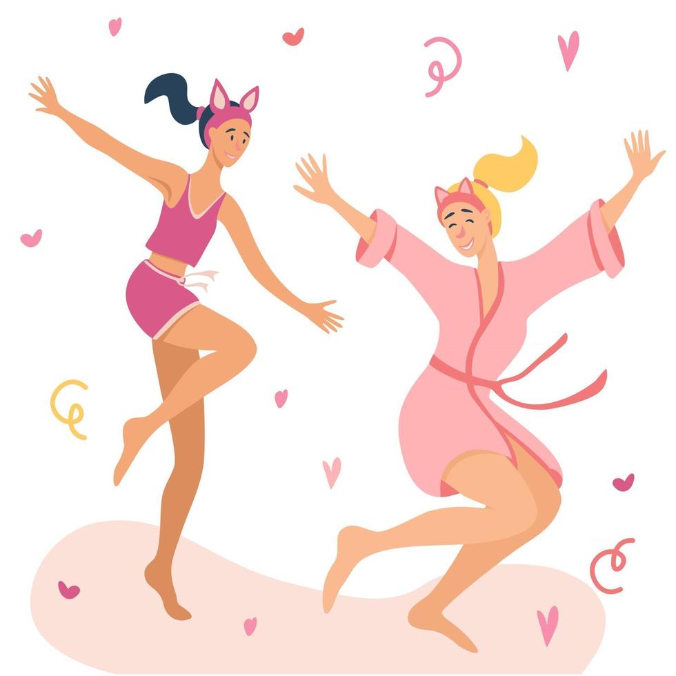 dos hermosas niñas divirtiéndose en pijama mujeres jóvenes niñas adolescentes divertirse juntos acogedora fiesta de pijamas vector ilustración de dibujos animados cubierta de cartel o pancarta para un evento divertido