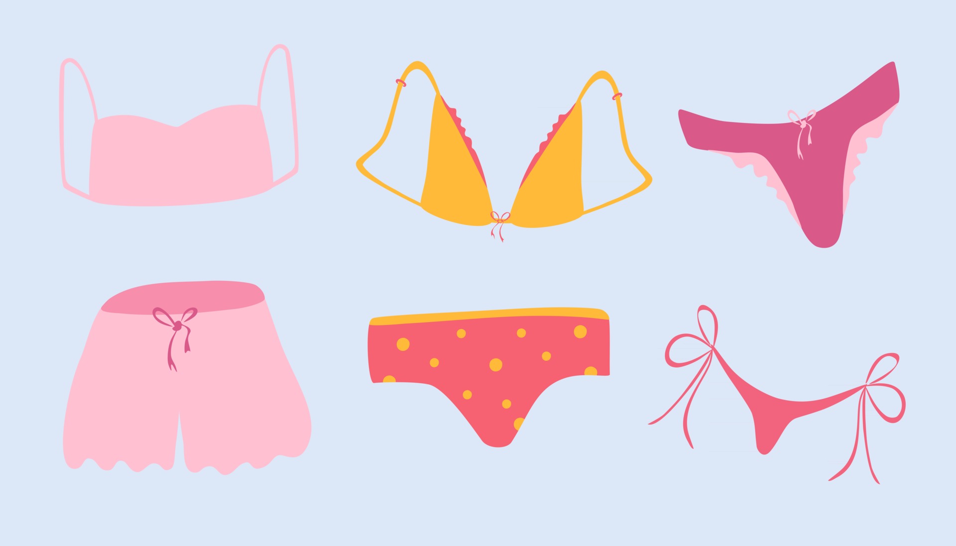 Trendy female underwear, lingerie set. Panties, bikinis and bras. Modern  hand drawn colorful collection of women's underwear. Beautiful pattern  thongs and lace bras. Sensuality and femininity concept. 20599770 Vector  Art at Vecteezy