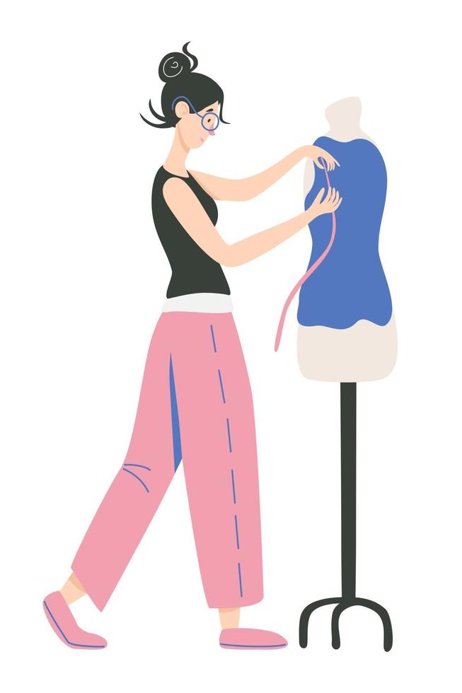 Clothing designer woman with mannequin Fashion designer dressmaker seamstress sewing workshop or courses tailoring concept Vector illustration for banner advertising