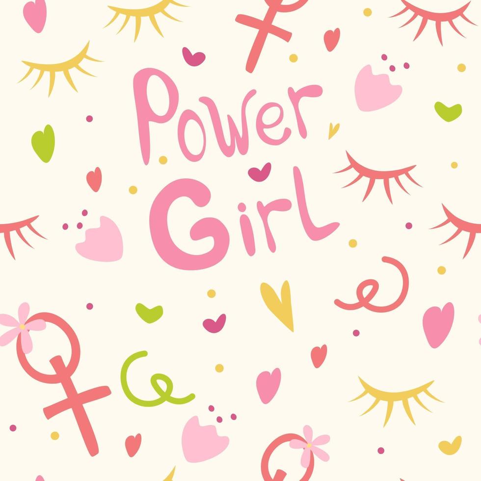 Background for girls the inscription girls power hearts flowers and cilia Girlish print for clothes textiles wrapping paper web Seamless pattern on a white background vector