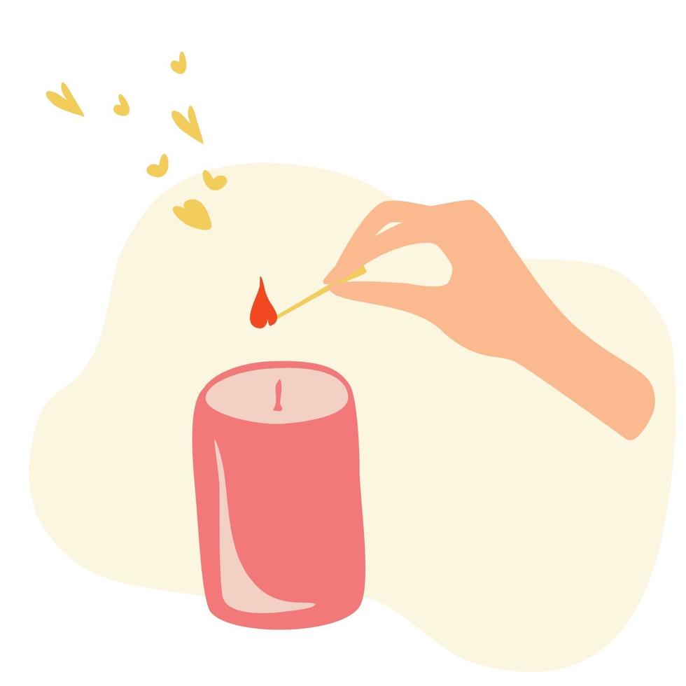 Female Hand lights candle with match Spa relaxation aroma wellness body care and yoga meditation Spiritual atmosphere Balance and harmony Romantic concept Flat Cartoon Vector Illustration All elements are isolated
