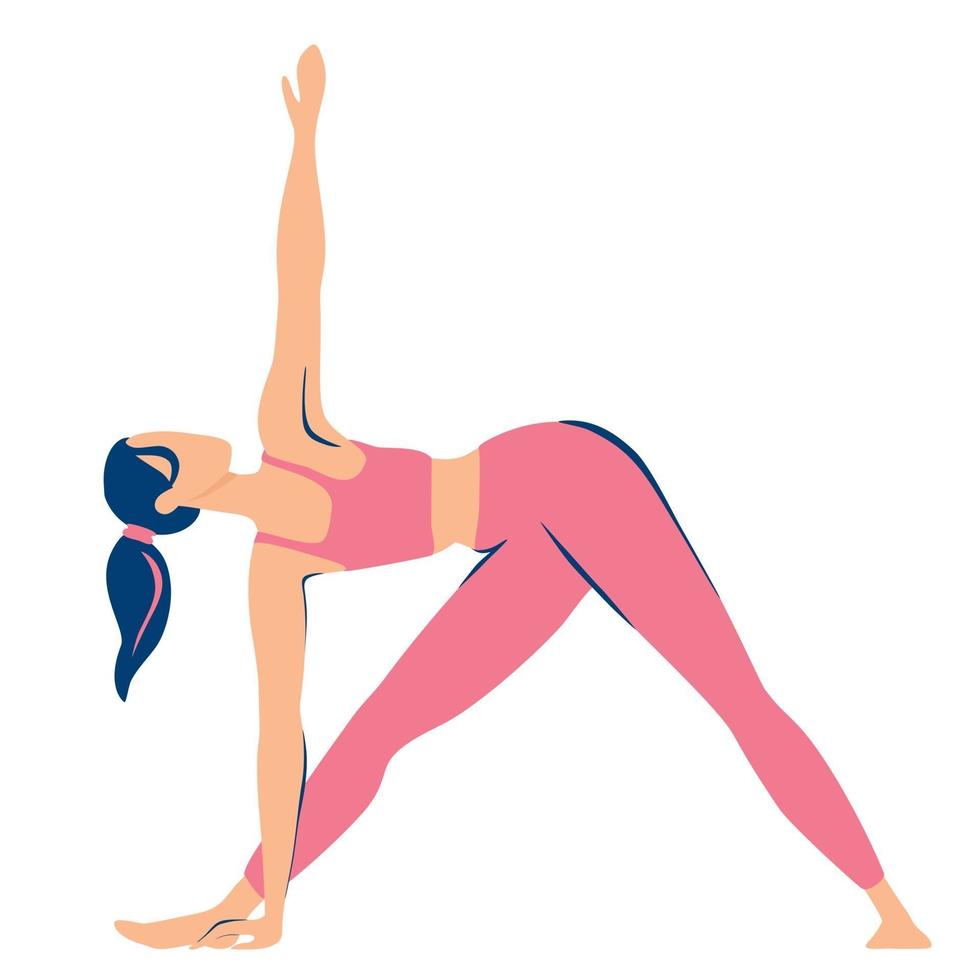 mujer joven haciendo yoga pose de triángulo girado ilustraciones modernas planas para belleza spa bienestar productos naturales cosméticos cuidado del cuerpo ilustración vectorial aislado sobre fondo blanco vector