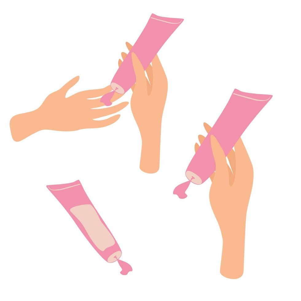 Illustration of female hand holding a tube of cream Woman Use Different Skincare Products Hand and Body Cream and Lotion Skin Care Routine Hygiene and Moisturizing Concept Flat Cartoon Vector Illustration