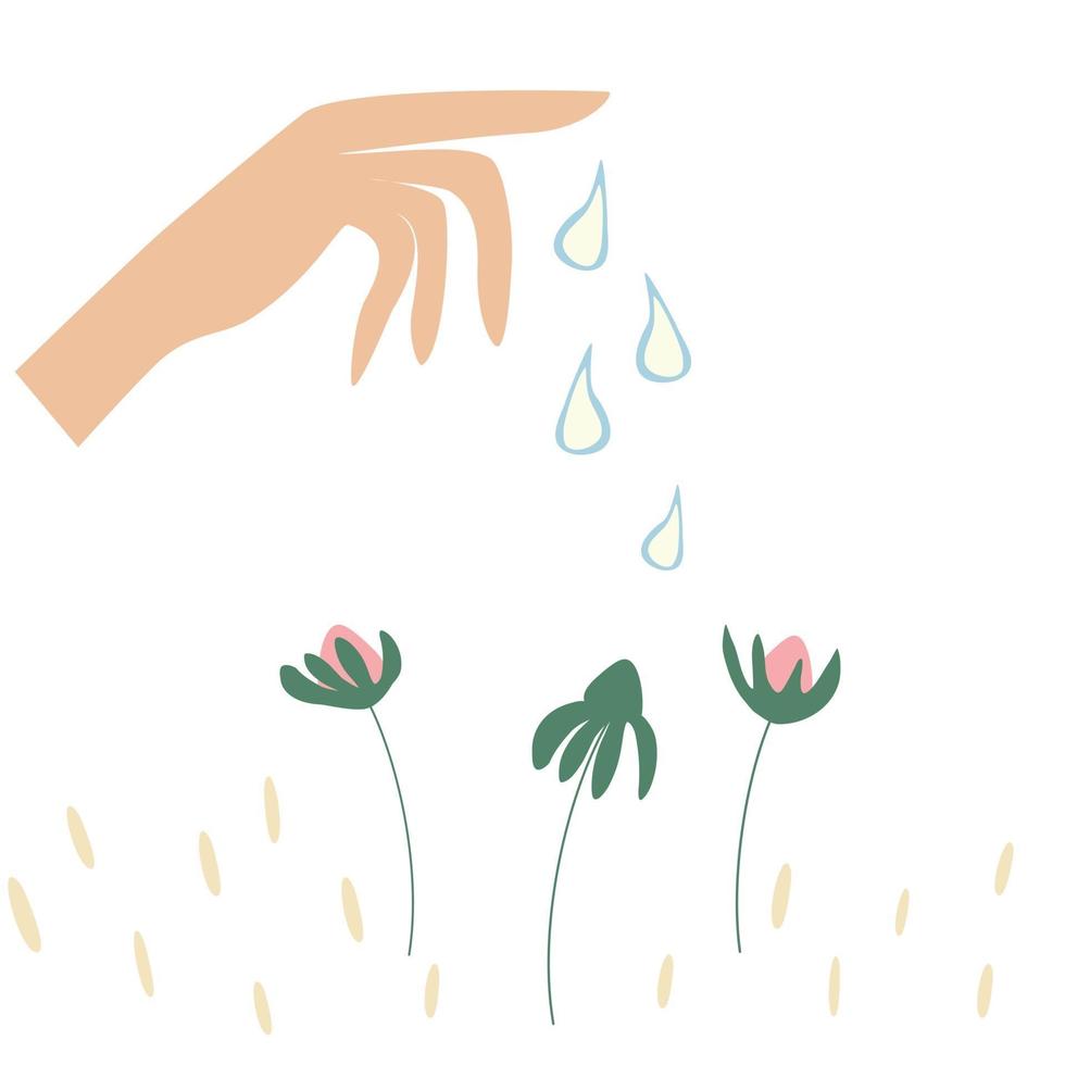 Ilustración de dibujos animados de vector de planta de riego a mano plantación de plantas semillas flores florecen plantación de primavera ilustración vectorial sobre fondo blanco