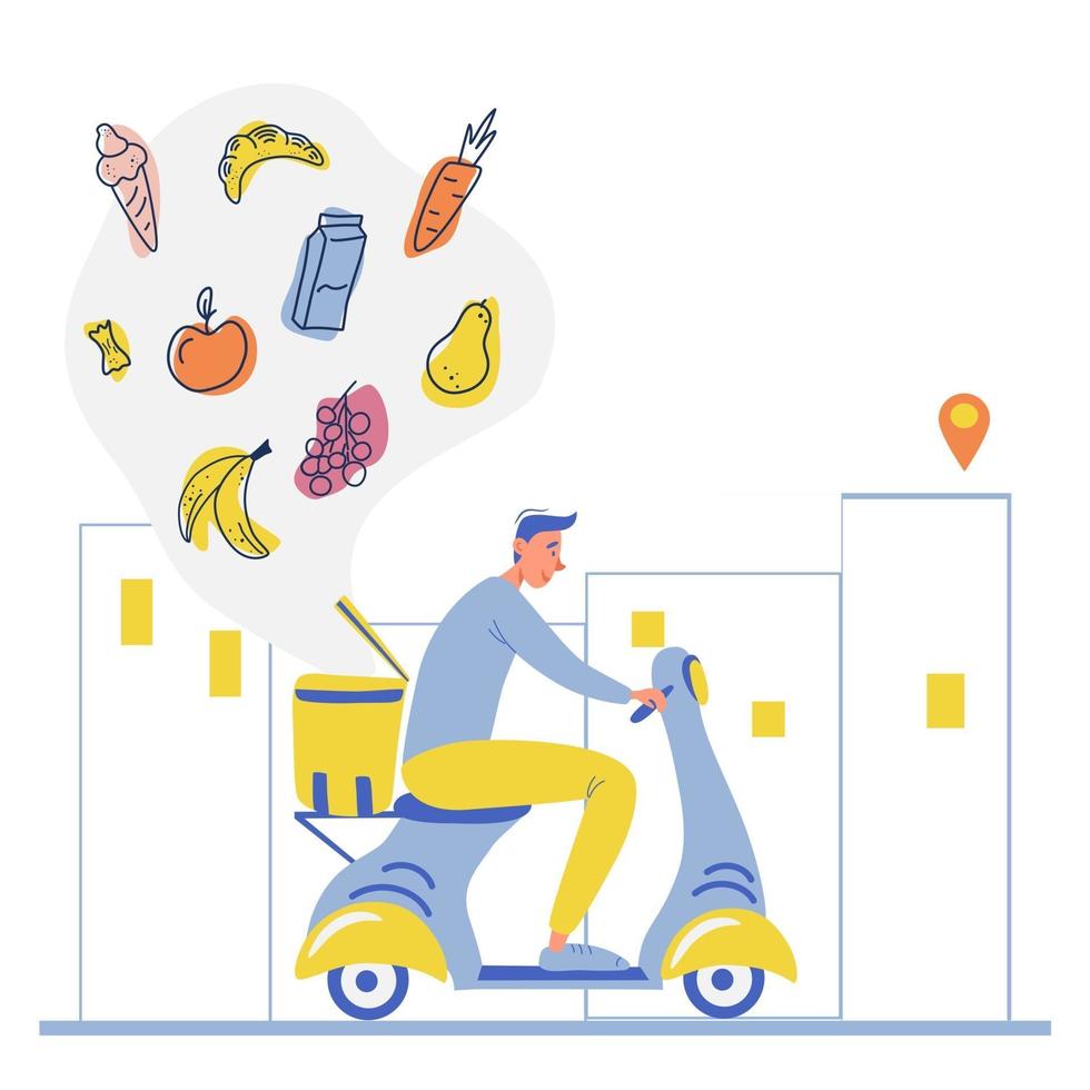 Online food order and food delivery service A courier guy on a moped with trunk case box carries a parcel Online delivery service concept online order tracking delivery home and office Vector illustration