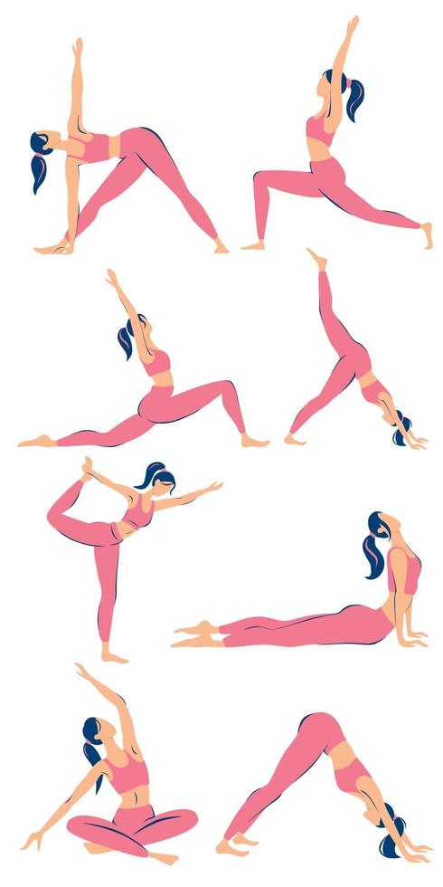 conjunto de mujer joven delgada deportiva haciendo yoga poses de yoga de moda ilustración plana conjunto colección de personajes femeninos de dibujos animados que demuestran varias posiciones de yoga aisladas sobre fondo blanco vector