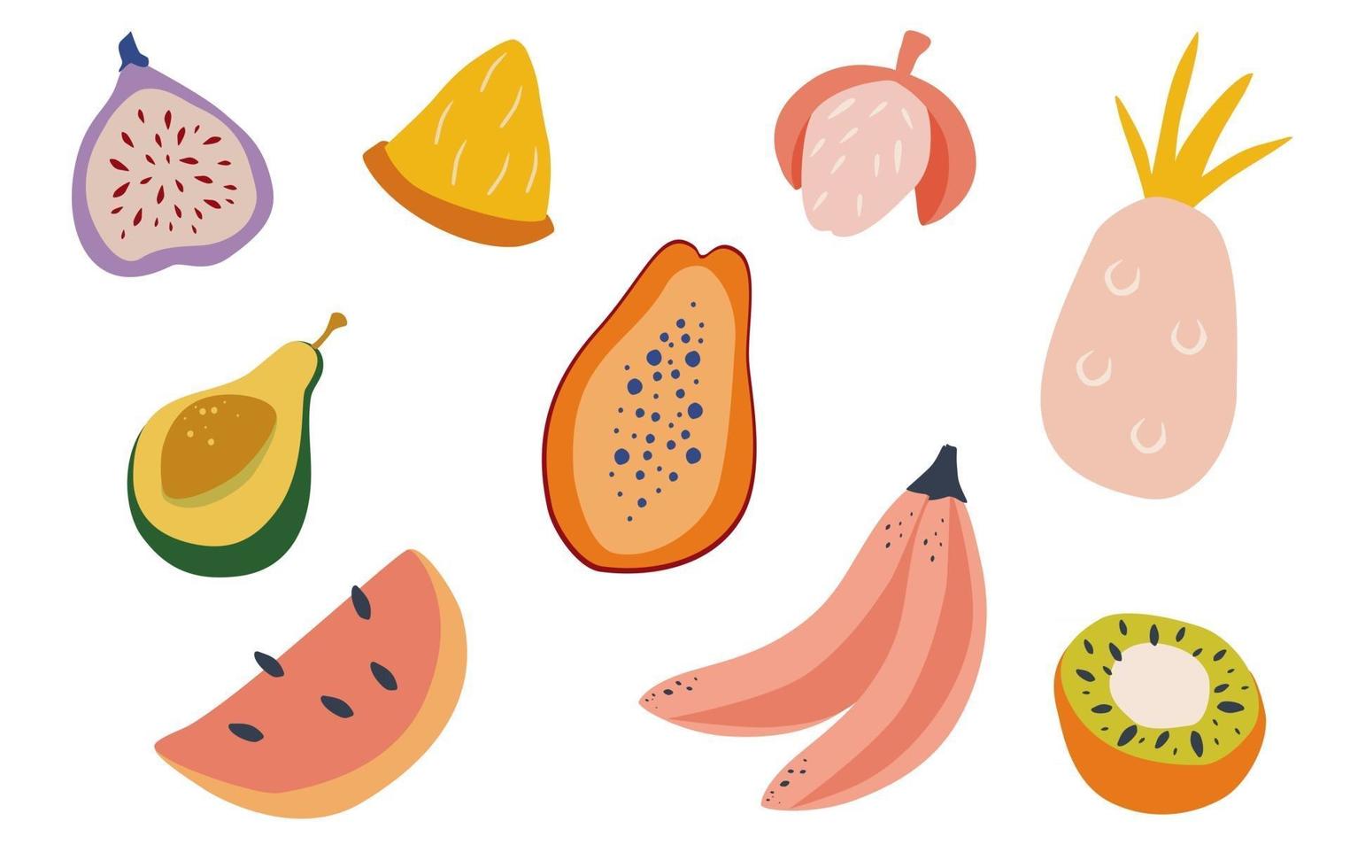 Set of doodle tropical fruits Natural tropical fruit papaya pineapple banana avocado fig lychee dragon fruit watermelon kiwi Flat vector cartoon illustration isolated on white background