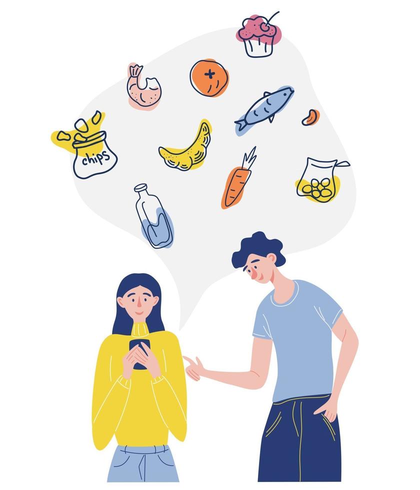 Collage on the theme of delivery A girl and a guy order food through her cellphone together A variety of food Choice of food Online order concept Isolated flat vector illustration