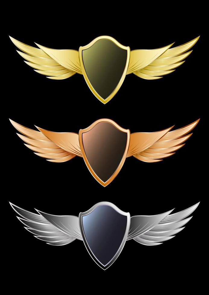 Set of wings and shields gold bronze silver emblems vector