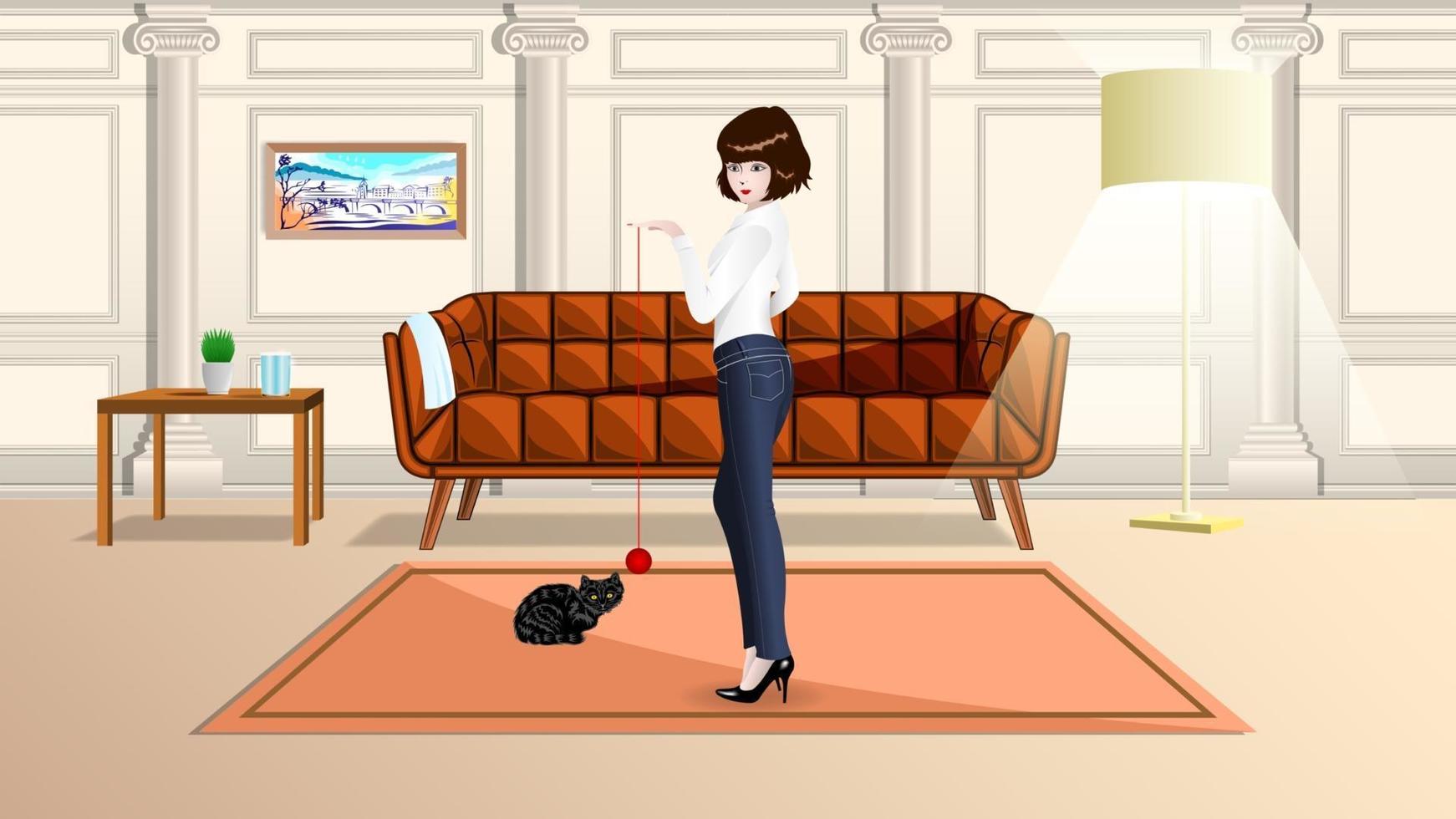 Girl playing with a cat in the room vector