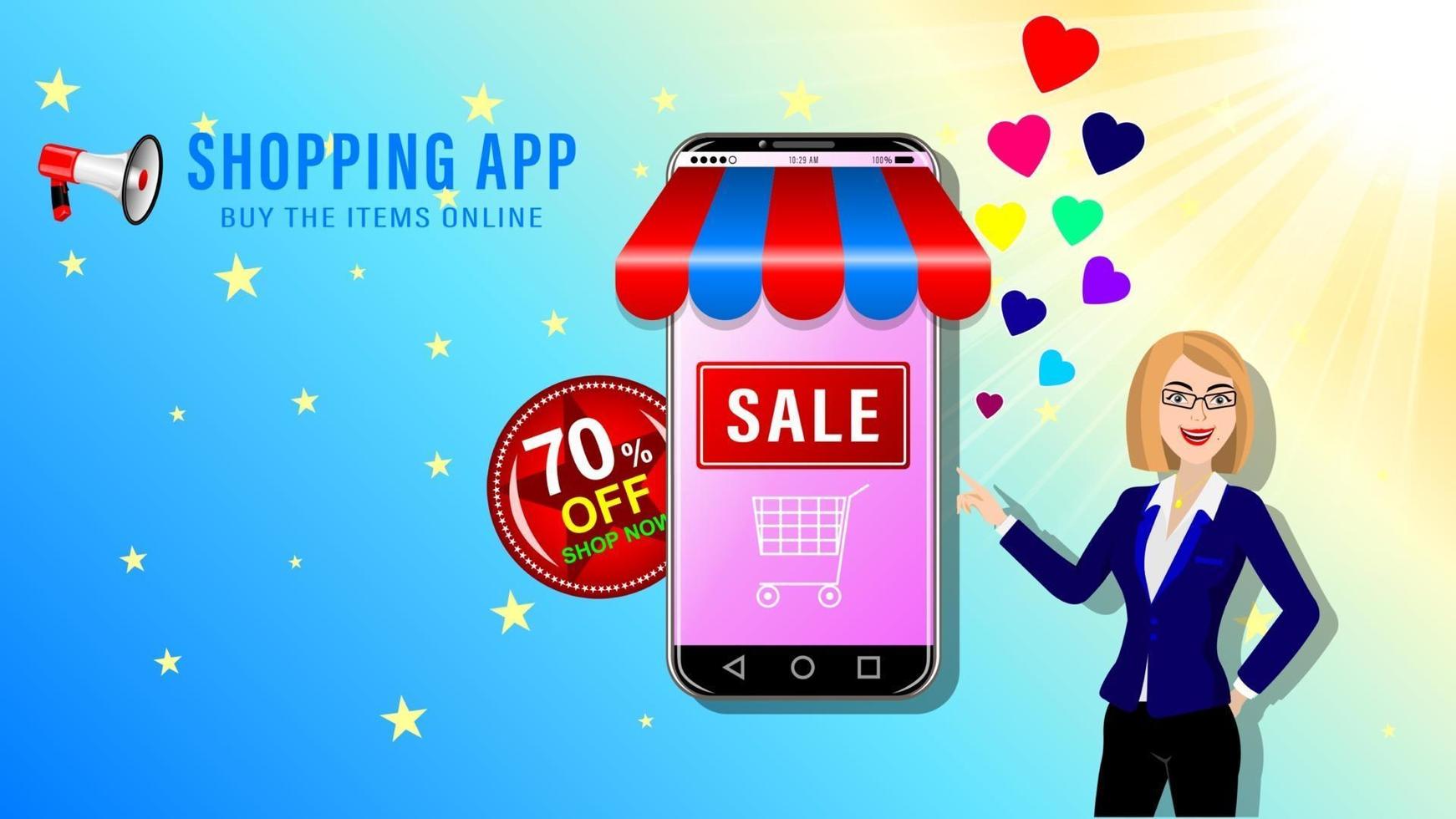 Online Shopping girl and smartphone cartoon vector