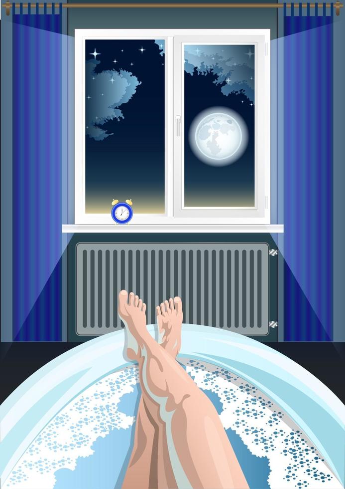 womens feets in the bath interior window night cartoon vector