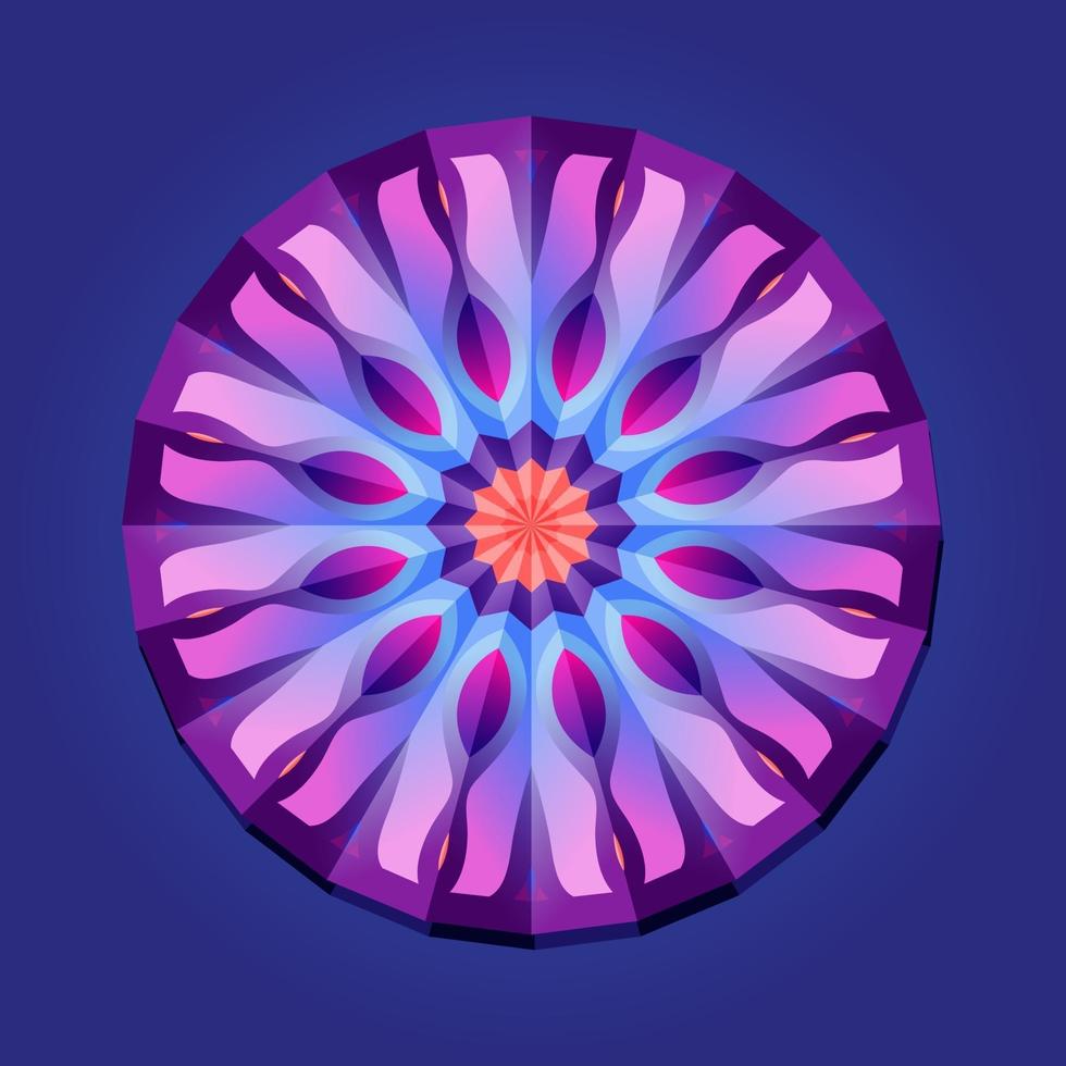 This is a violet geometric polygonal mandala with a floral pattern and petals vector