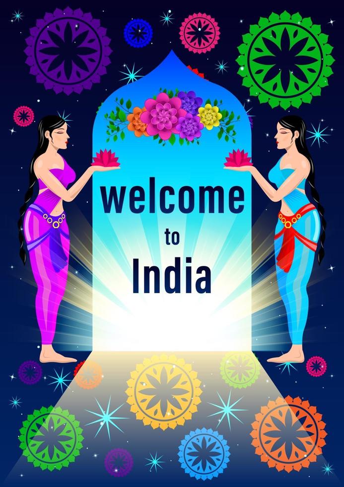 bienvenido a india womans en ropa tradicional de dibujos animados vector