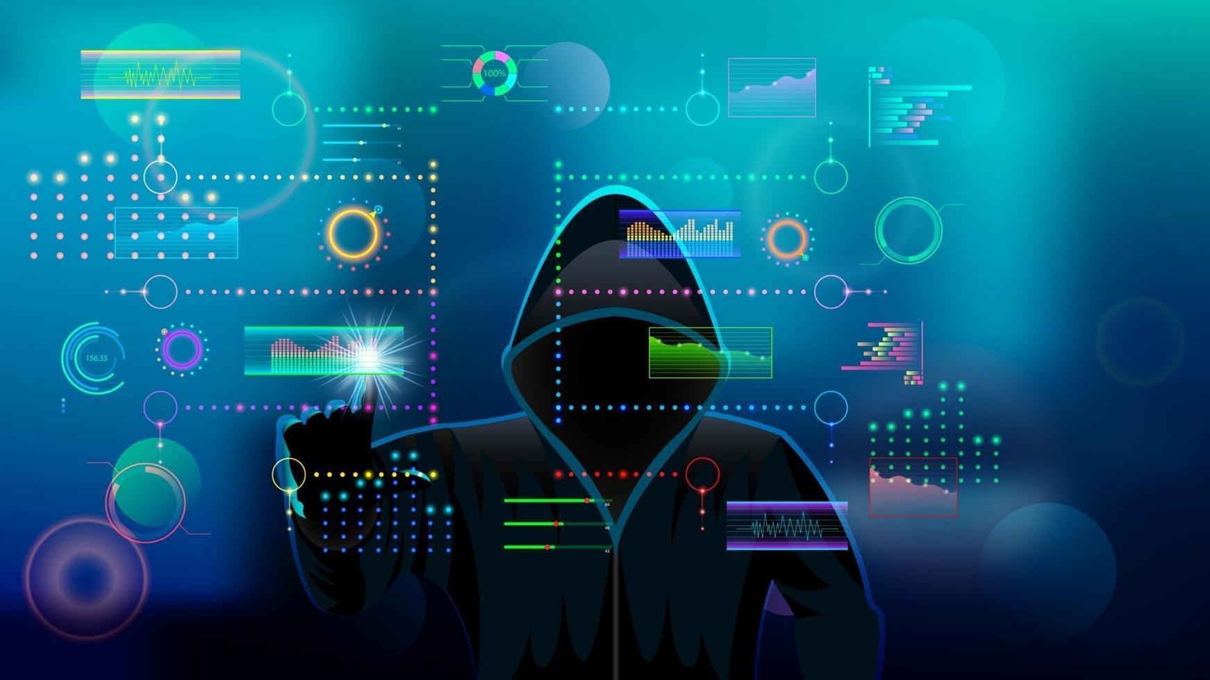 virtual infographic screen hooded man cartoon vector