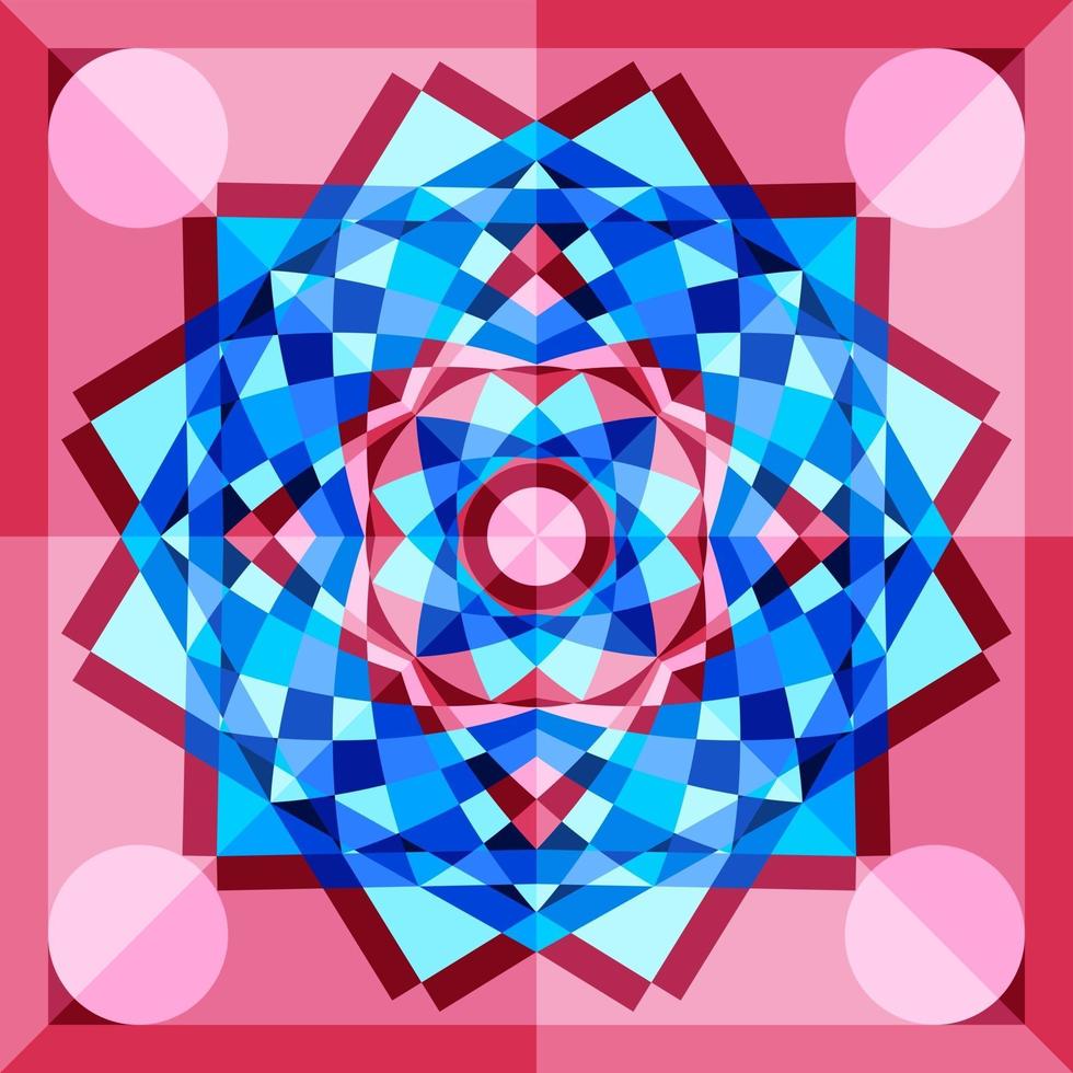 Este es un patrón de caleidoscopio poligonal geométrico azul y rosa. vector