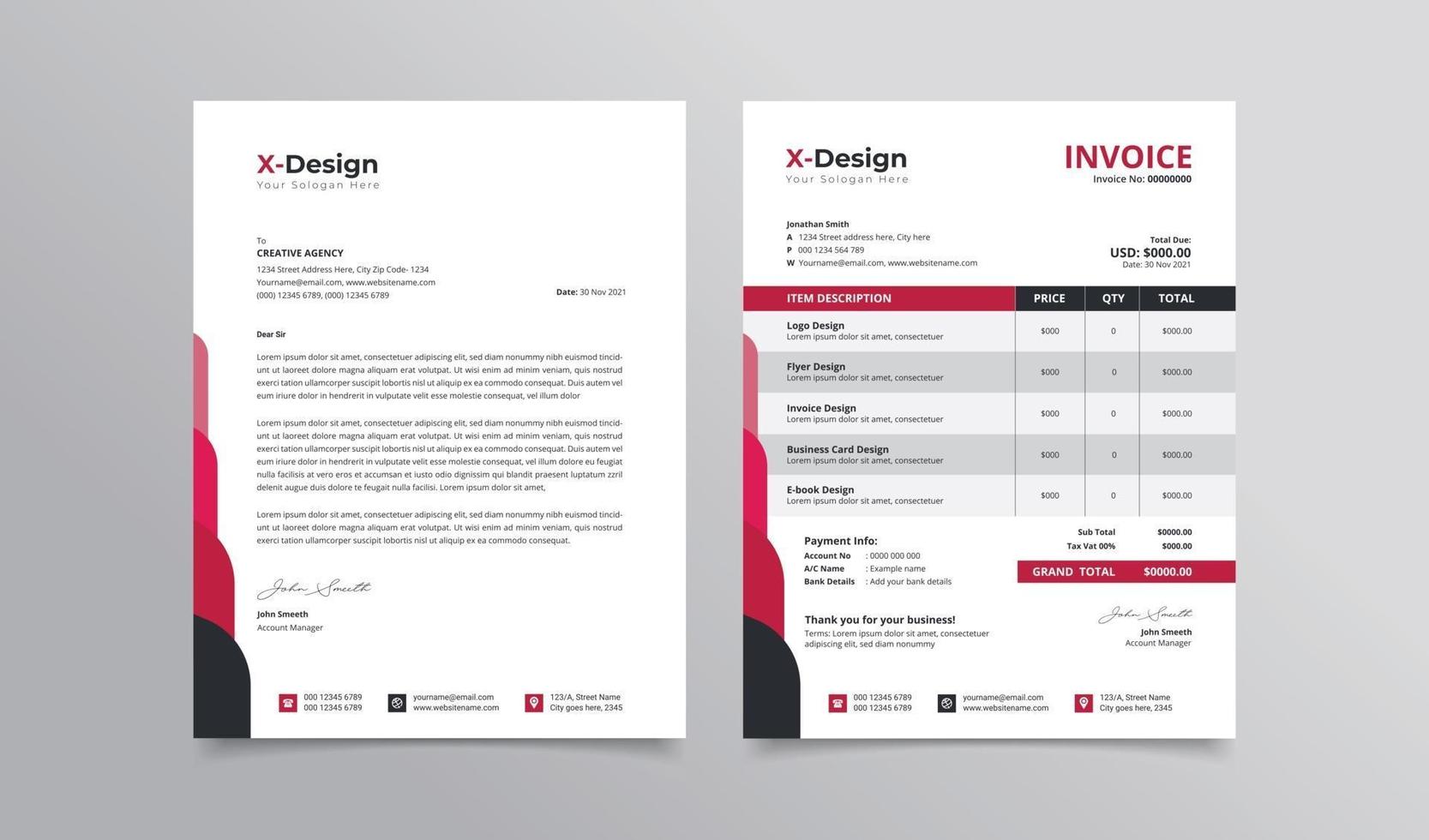 Corporate business branding identity or stationery design with letterhead and invoice template vector