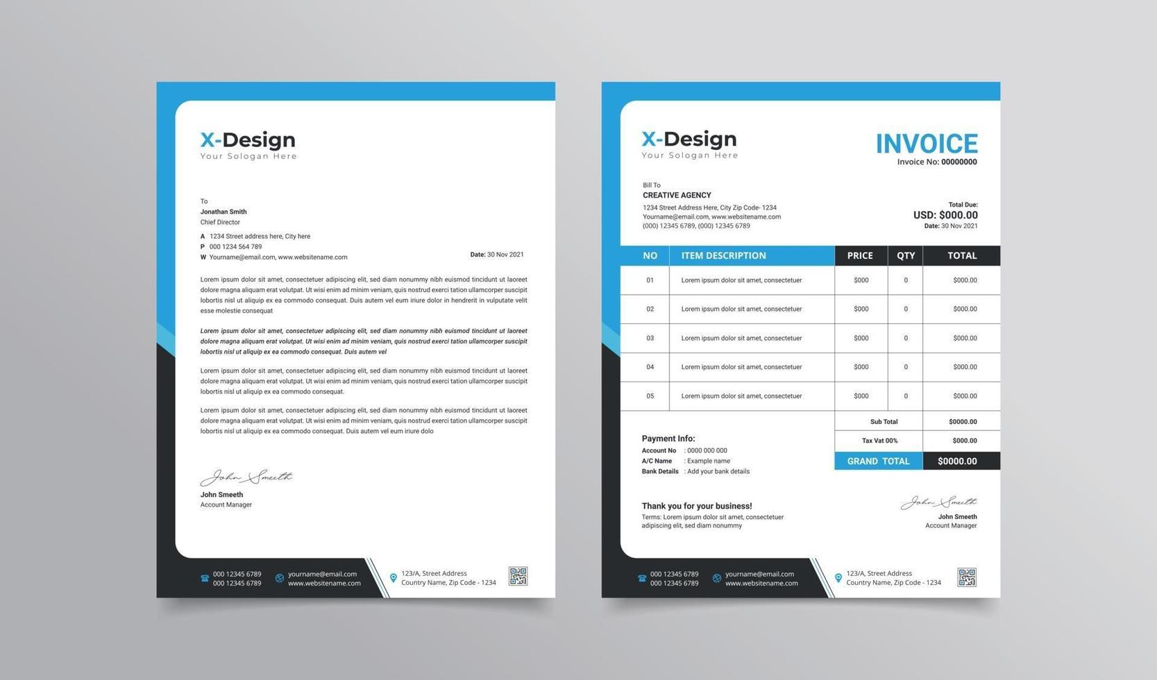 Professional business letterhead and invoice template vector