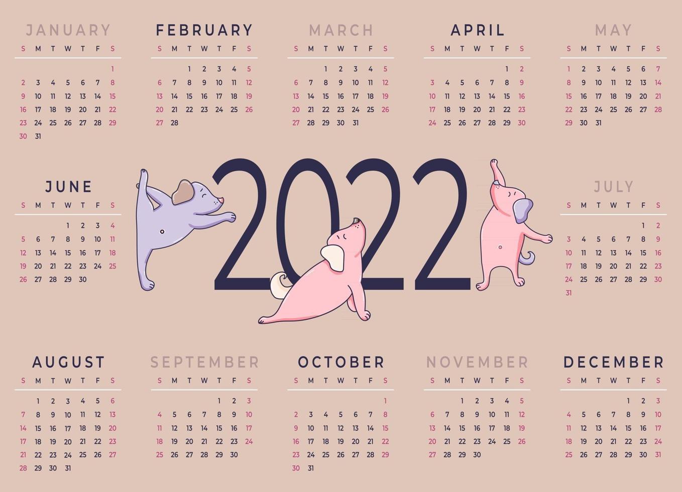 Calendar 2022 Horizontal template for a year with funny dogs vector