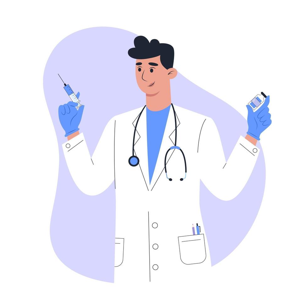 Vaccination and injection male doctor in medical gown with vaccine vector