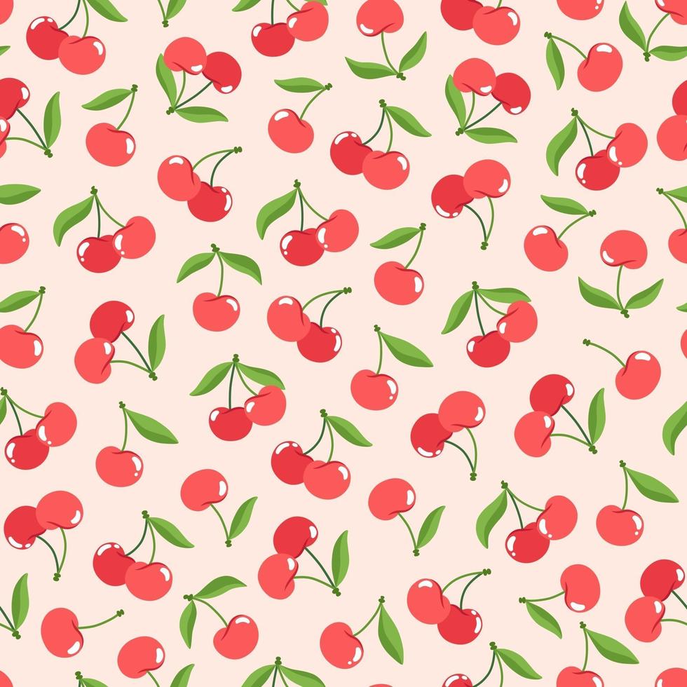 Seamless pattern of red cherries with green leaves in flat style vector