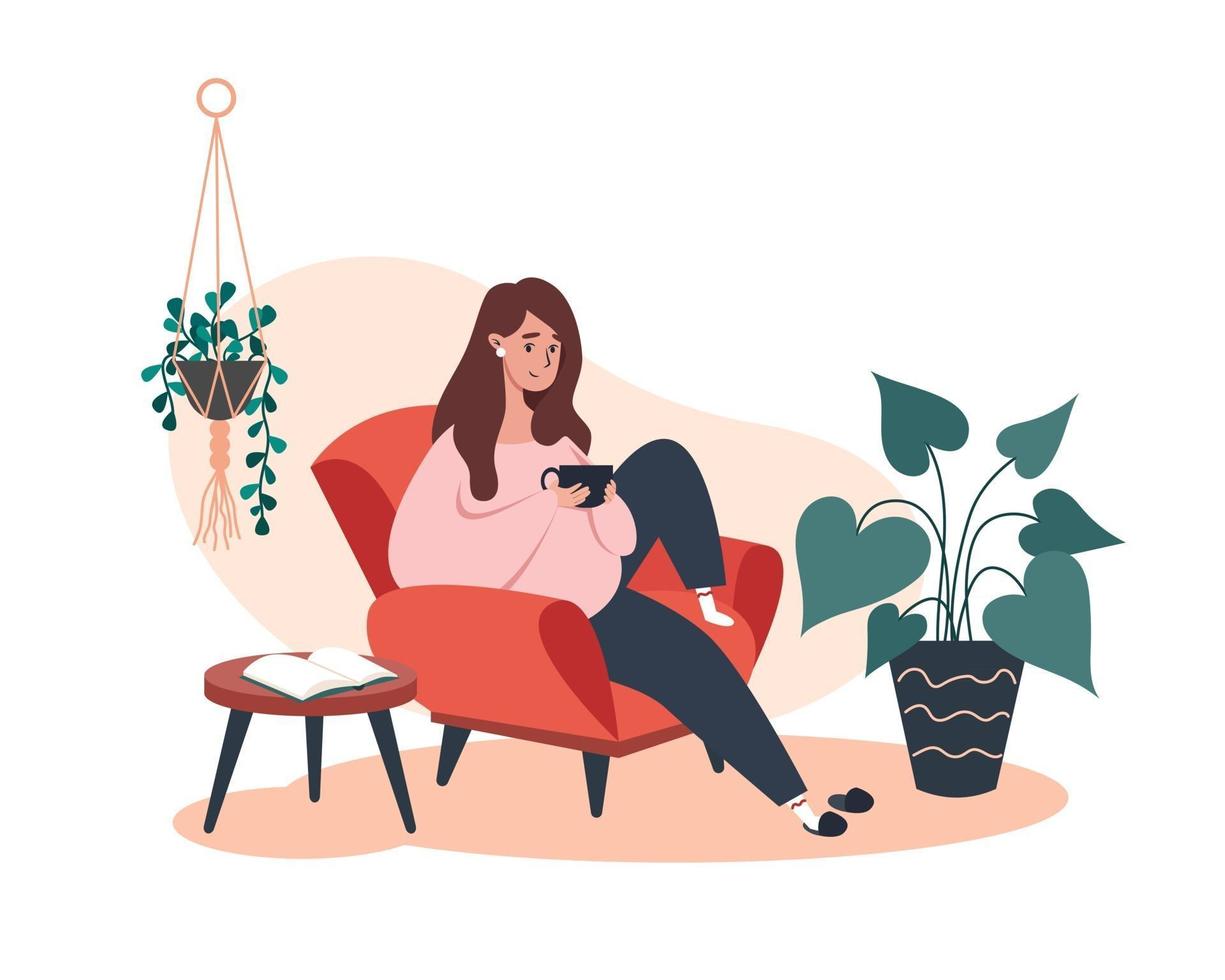 mujer sentada y descansando en un sillón con café vector