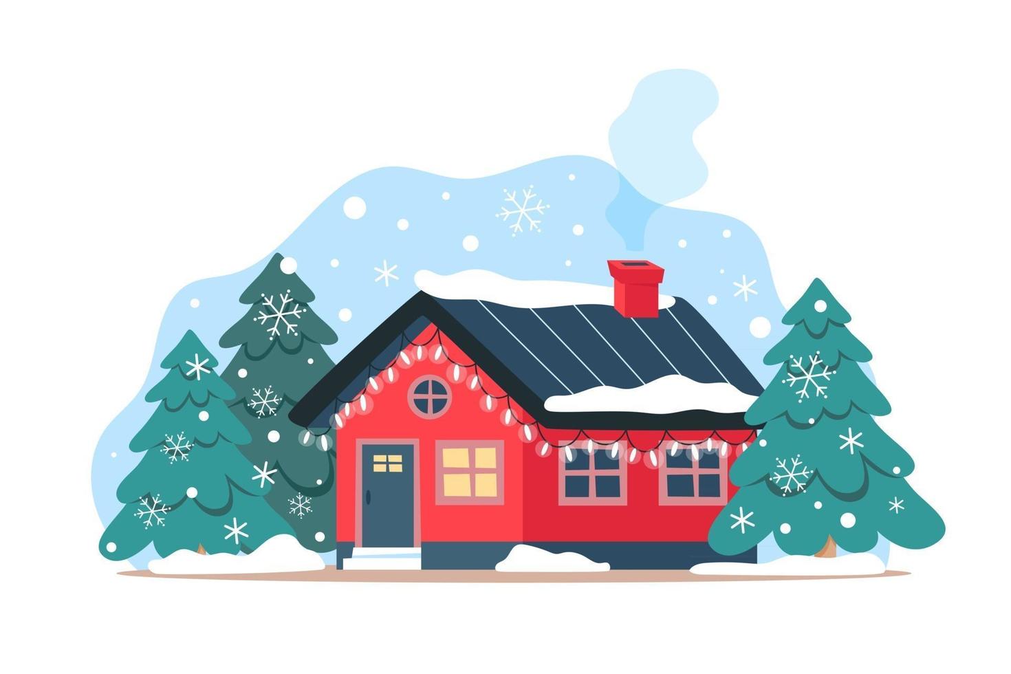 Cute winter house with festive garlands christmas decor for house facade vector