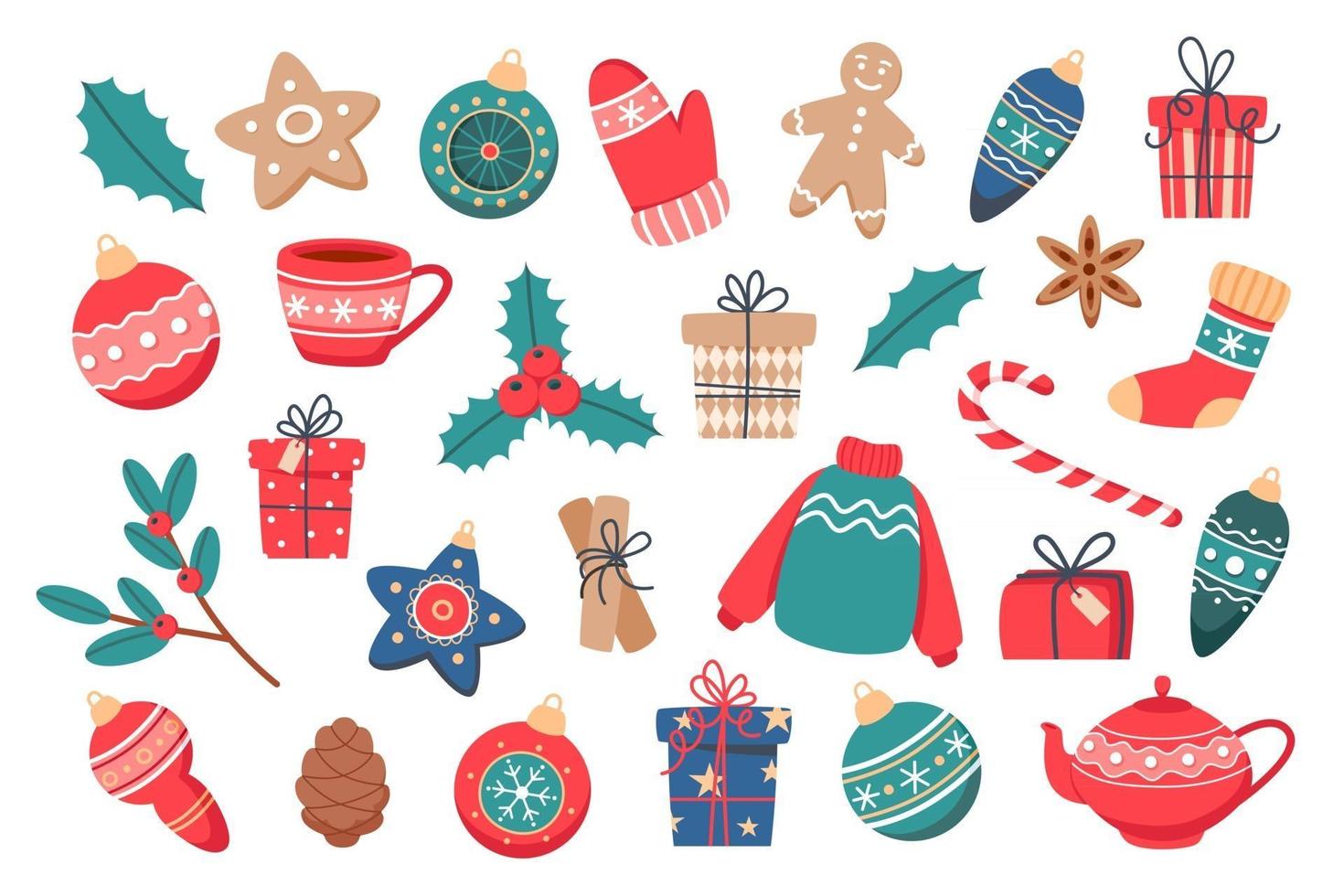 Christmas set of cute elements vector illustration in flat style