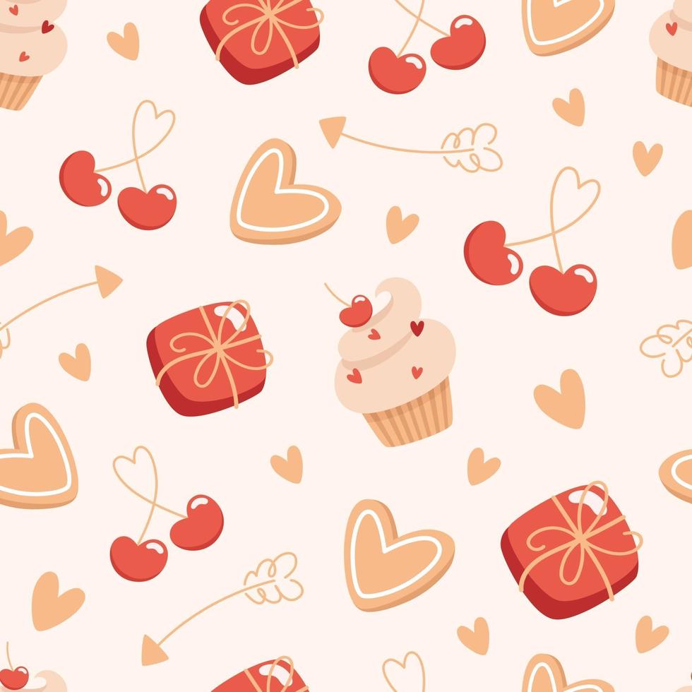 Seamless valentines day pattern with boxes of chocolates and cakes in flat style vector