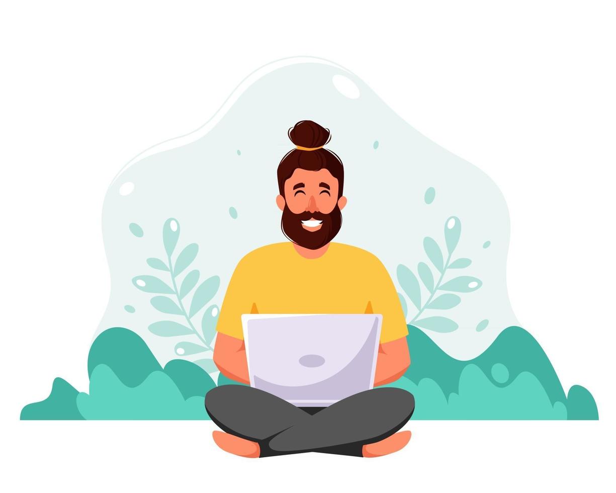 Man freelancer working on laptop vector