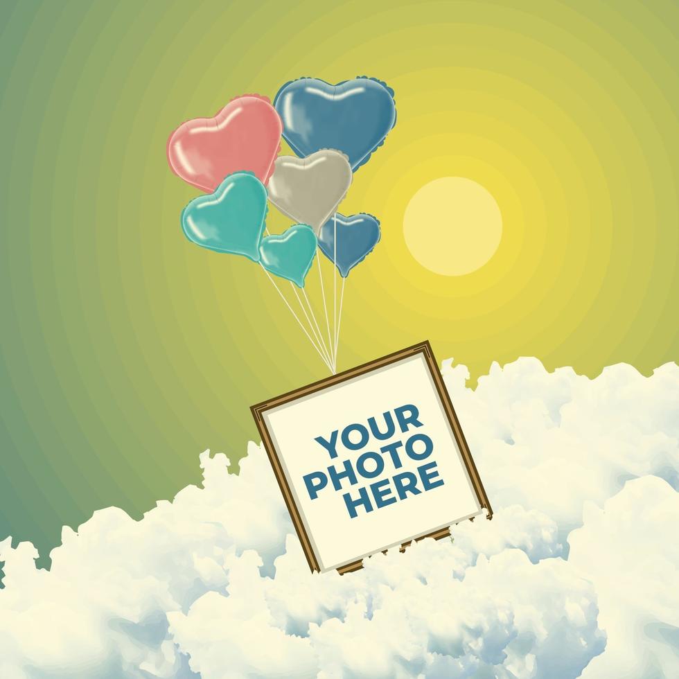 Photo frame flying with love heart balloon mockup template vector