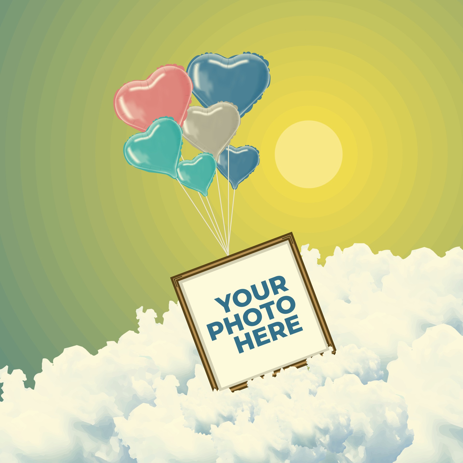 Download Photo Frame Flying With Love Heart Balloon Mockup Template 2403660 Vector Art At Vecteezy