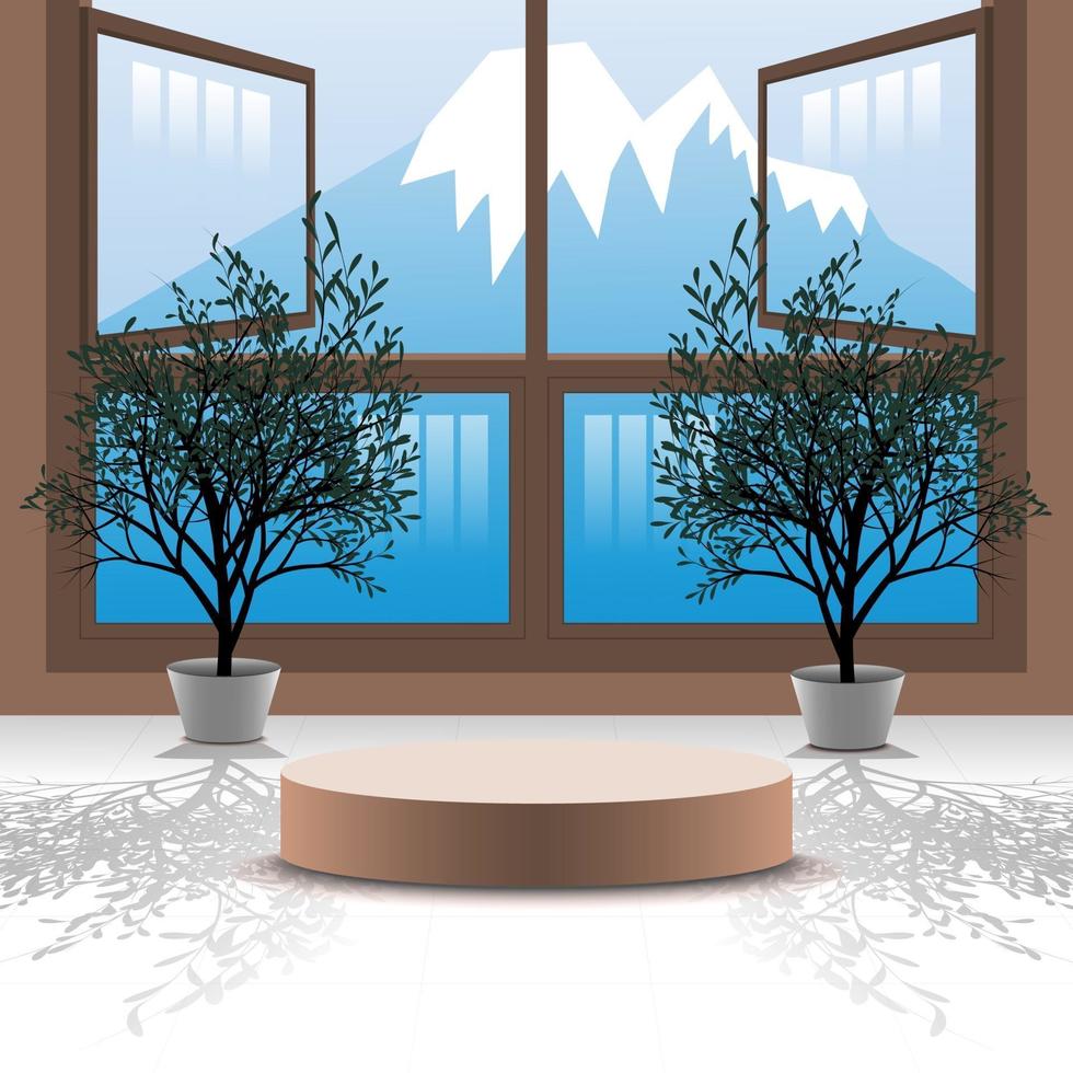 3d vector podium background with bonsai tree in the room